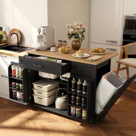 Buffet îlot de cuisine mobile 130 cm noir avec plan de travail rabattable et meuble pour poubelle intégrée (1/5)