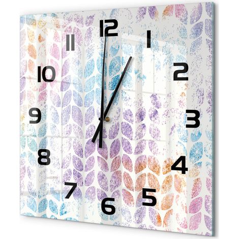 Grande Horloge Murale Carrée Déco Salon Verre Trempé Silencieuse Design Contemporain Feuilles colorées 60x60 cm (1/5)