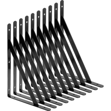 Equerre Etagere Murale, 10 Pcs Supports Triangulaires de 90 Degrés en Acier, Équerres Étagères 250mm x 160mm, Support d'angle Brace avec 50 pcs Vis et 20 pcs Ancres (Noir) (1/5)