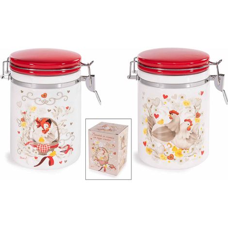 Barattoli / contenitori / biscottiere adatte all'uso alimentare in ceramica con chiusura ermetica e stampa, set da 4 pezzi, cm 14 x 10 x 16 H