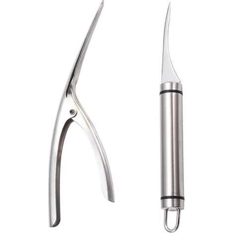 Juego de 2 cuchillos de acero inoxidable para línea de camarones + pelador de camarones, herramienta de línea para quitar fácilmente las escamas de pescado, las cáscaras de camarones y las plumas. (1/5)