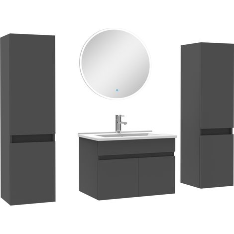 Ensemble meubles Salle de Bain simple vasque 60cm, colonnex2 + miroir rond Anthracite