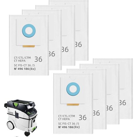 Lot de 8 sacs d'aspirateur pour CT 36 / CTM 36 E/CTL 36 E CLEANTEC Series, grande capacité, sacs filtrants de rechange pour aspirateur SC FIS-CT 36 (1/5)