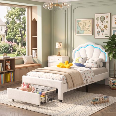 Superaly Lit enfant 140x200cm avec tiroirs, Lit coffre une place, Tête de lit capitonnée en forme de pétale réglable en hauteur, éclairage LED réglable, sommier à lattes, Lit de fille, velours, blanc (1/5)
