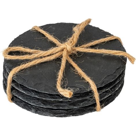 Round Slate Coasters (Set of 4) - Stone - L10 x W10 x H4 cm - Black