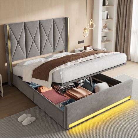 Cama con almacenaje (170x213x141 cm), cabecero alto, USB y LED, bolsillos laterales, terciopelo gris oscuro (1/5)