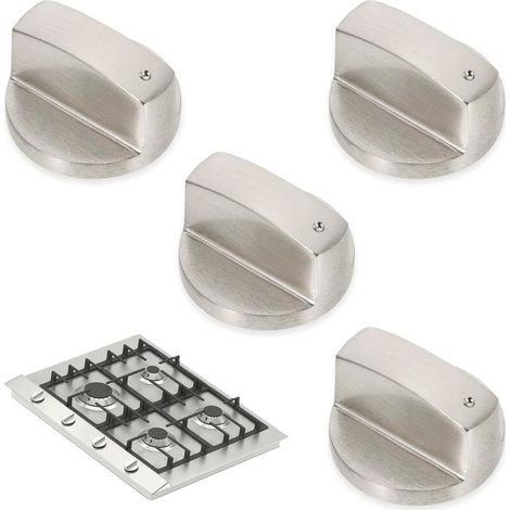 Set mit 4 universellen Bedienknöpfen aus gebürstetem Metall für Gasherde, 6 mm, silberfarben, Herdknopf, geeignet für Gasherde, Backöfen und Kochfelder