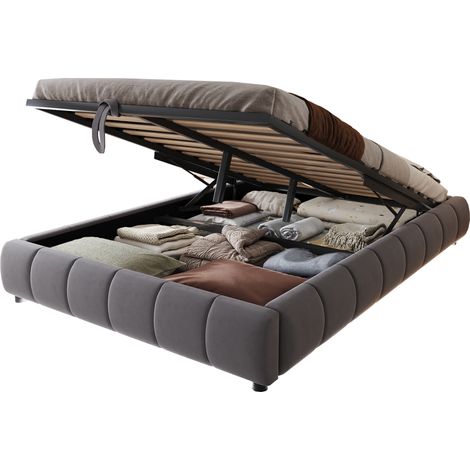 Lit Coffre 140 x 200 cm, Lit Double en Velours avec LED Blanche et Cadre Métallique, sans Matelas, Gris (1/5)