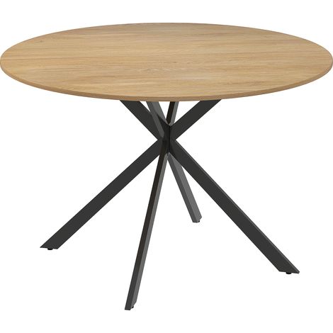 Table ronde repas 4 personnes 120 cm design industriel, plateau imitation bois chêne, piètement croisé acier. (1/5)
