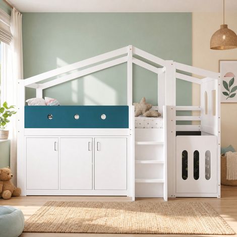 Cama infantil semialta 90x200 cm en forma de casa, con zona de juego y arcón HAVRYA (1/5)