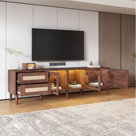 Meuble TV 180 cm pour TV 80 pouces, 2 tiroirs rotin, portes verre LED DESVIAE (1/5)