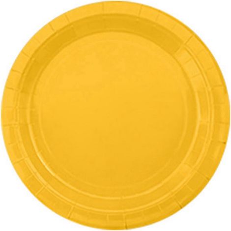 Assiette en carton jaune vif de 23 cm, idéale pour un gâteau aux fruits ou un dessert lors d'un pique-nique. (1/5)