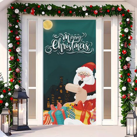 Rideau de porte de Noël 2026, bannière extérieure avec fond photo Père Noël et chien, tissu à suspendre - 90 x 180 cm (rainure + ruban) - 35