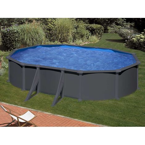 GRE – Piscine hors sol ovale acier 5,27m x 3,27m x H: 1,32m – Gris anthracite – Filtration à sable 6m³/h – Volume 14,50m³ (1/5)