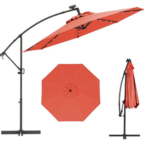 Sombrilla voladiza de 3 m con 24 luces LED solares rotación de 360° ambiente acogedor diseño de jardín aluminio naranja 200013013