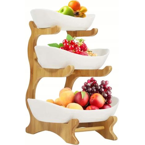 Alzata a 3 livelli in bambù con ciotole per frutta e snack, bianca, 352621 cm (1/5)