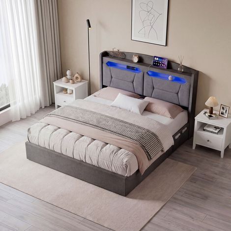Lit coffre hydraulique 140x190 cm en lin gris clair, bandeau LED, port USB, tête avec rangement (1/3)