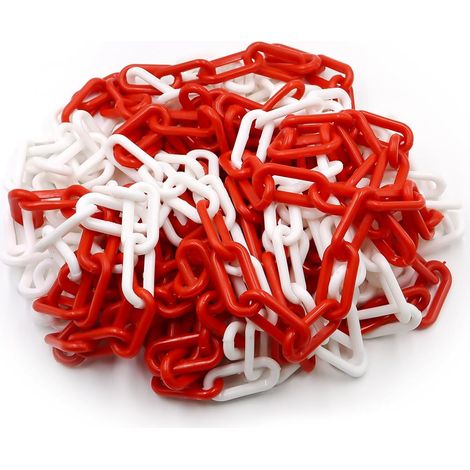 Chaîne de signalisation en plastique rouge et blanc 10 m x 8 mm - Chaîne de signalisation légère et pratique avec 4 crochets en S - Chaîne en plastique pour bloquer les surfaces (1/5)