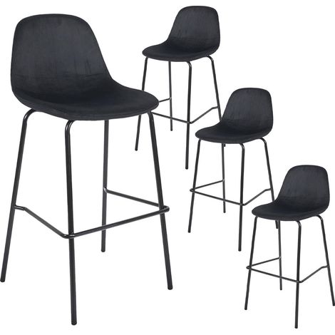 Altobuy – Lot de 4 tabourets de bar en velours côtelé noir – Structure contreplaqué – Piétement métal noir – Hauteur d'assise 70cm (1/4)