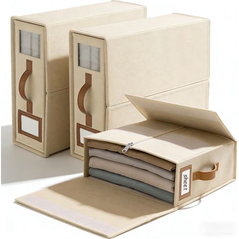 Lot de 3 Rangement Drap de Lit en Lin - Organisateur de Linge de Maison Pliable pour Draps King Size & Couettes - Boîte de Rangement Armoire avec Fenêtre & Étiquette - Ivoire (1/5)
