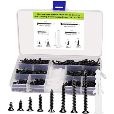 Set di viti piccole M3, set di viti per legno, 420 viti autofilettanti piccole a testa piatta Phillips, viti per legno nere, viti per cerniere per armadietti, acciaio al carbonio, incl. 20 tasselli M6 (1/5)