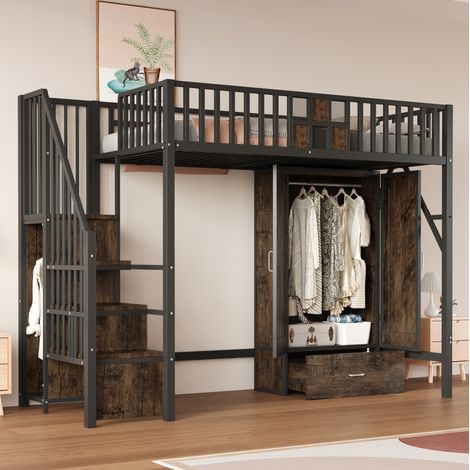 Letto rialzato bambini 90x200 cm con armadio, scala contenitore, 1 cassetto, sponde di sicurezza, senza materasso, nero (1/5)