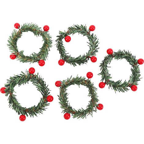 12Pcs Xmas Candle Rings Mini Wreaths Bulk for Pillars Tapers Artificial Berry with Grass Holiday Table Decorations (1/5)