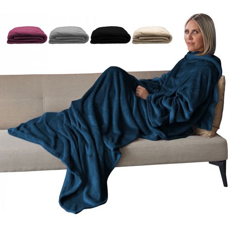 Couverture polaire plaid intégral avec manches et poche - Adulte 210 x 140 cm - Bleu - Vivezen