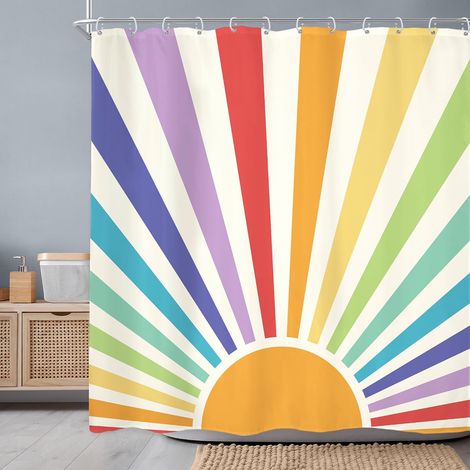 Rideau de douche bohème des années 70, 183 x 183 cm, motif soleil abstrait, arc-en-ciel, coucher de soleil, mignon, vintage, coloré, ensemble de salle de bain, moderne, groovy, imperméable (1/5)