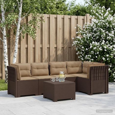 Canapé de Jardin Modulable 5 Places avec Table Aspect Rotin PP Marron et Coussins Taupe - PANGIVO (1/5)