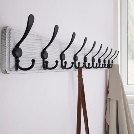 Porte Manteau Mural Bois Blanc, Le Style Rustique, 98cm Longue,Grand Porte-manteau Mural avec 10 Crochets Triples Pour suspendre sac à dos, veste, chapeau (1/4)