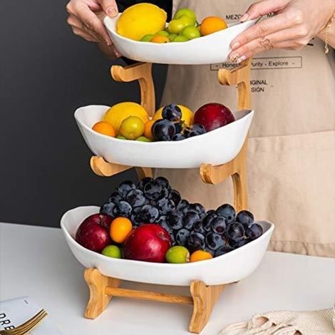 Corbeille à fruits à 3 niveaux pour comptoir avec support en bois. Élégante corbeille à fruits pour fruits, légumes, collations et desserts,Blanc (1/4)