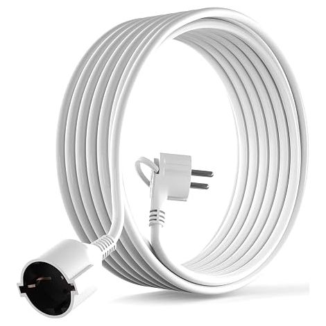 Schuko Extension Cable 90° Angled Flat Plug Protection Contact Up to 250 V 16 A Extension Cable IP20 Earth Contacts 5 m Extension Cable White (1/5)