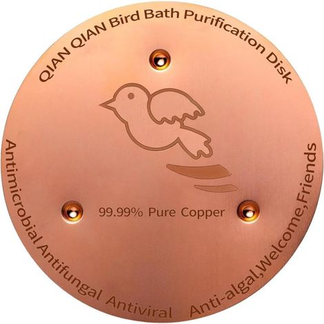 Disque en cuivre pur pour bain d'oiseaux – 0,8 mm avec support 3 points. Purification physique de l'eau, sans chimie, pour tous bassins extérieurs, 4 saisons. (1/5)