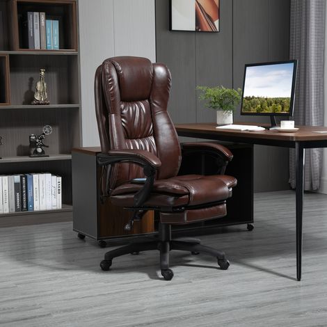 Poltrona girevole regolabile con poggiapiedi, poggiatesta e funzione massaggio, in similpelle, 68,5x68,5x113-121 cm, marrone.