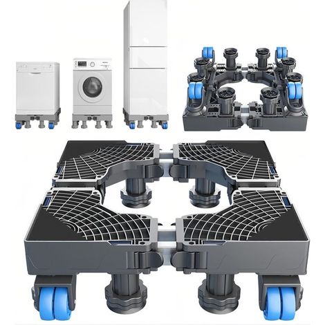 Support pour machine à laver, design double tube avec 8 pieds + 4 roues, surélevé pour machine à laver, réfrigérateur et sèche-linge, antidérapant, absorbant les chocs, pour appareils ménagers