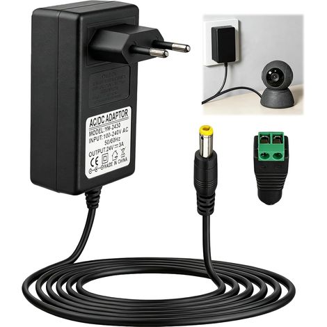 24V 3A Adaptateur Alimentation et Sortie 5.5x2.5mm Transformateur AC/DC 100-240V, 72W Adaptateur Secteur pour LED Streifen, CCTV Caméra, Routeur, Écran, Câble de 1.5M (1/5)