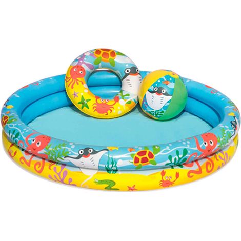 Piscine gonflable pour enfants avec 2 anneaux, en vinyle résistant, avec valve de sécurité. Comprend la piscine, un flotteur et une bouée. 122 x 20 cm (diamètre x hauteur). (1/4)