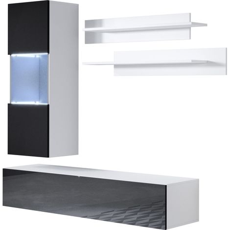 Ensemble de Meubles TV Mur de Rangement Meuble salon Suspendu avec LED Modèle Luke 6C Blanc et Noir Finition brillante