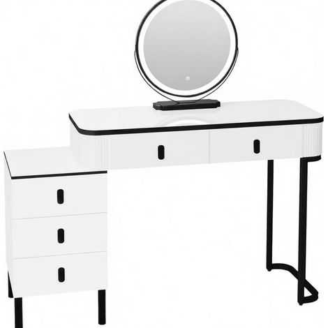 Tocador con espejo LED giratorio 360° y 5 cajones, blanco y negro, HOMVRA (1/5)