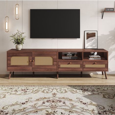 Mobile TV 200 x 37 x 49,5 cm per TV fino a 80 pollici, 2 ante in rattan, 2 cassetti marrone HAVRYA (1/5)