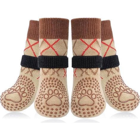 Scarpe per cani, confezione da 2 calzini antiscivolo per cani, impediscono al cane di leccarsi le zampe, per pavimenti in legno, protezione antiscivolo per zampe e piedi, marrone, taglia (1/5)