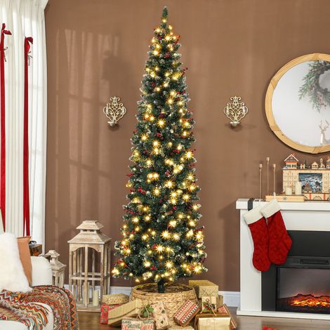 Künstlicher, schmaler Weihnachtsbaum, 230 cm, mit LED-Beleuchtung, 7 Beleuchtungsmodi, 761 Zweigen, Tannenzapfen, Beeren und grünem Ständer