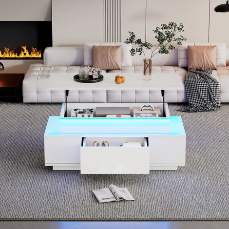 Table basse réglable en hauteur avec rangement dissimulé et tiroir, 96 x 45 x 40 cm, finition laquée brillante, table d'appoint avec éclairage LED, idéale pour le bureau, le séjour ou les réceptions, (1/4)
