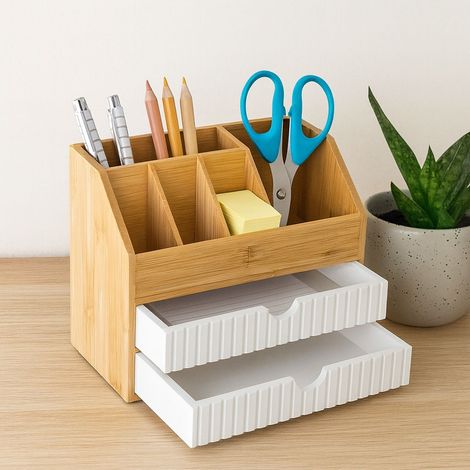 Organizer da scrivania in bambu con 2 cassetti e 5 scomparti