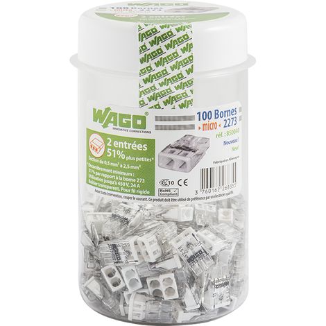 Wago – Lot de 100 mini bornes de connexion automatique 2 entrées – PUSH WIRE® pour fils rigides 0,5 à 2,5 mm² – Tension 450V – Courant 24A