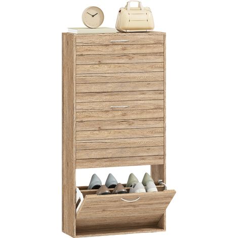 HOMCOM Slim Shoe Storage Cabinet with 3 Flip Drawers, Oak Wood Grain (1/5)