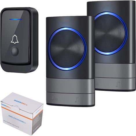 Sonnette sans fil étanche murale avec sonnerie puissante et flash LED, 1 émetteur et 2 récepteurs-AquaForge