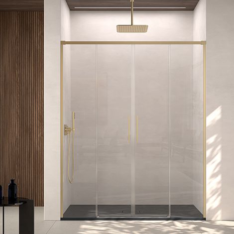 Mampara de ducha frontal  2 Fijos y 2 Puertas Corredera 160x195 cm Oro Cristal templado Antical transparente 6mm (1/5)