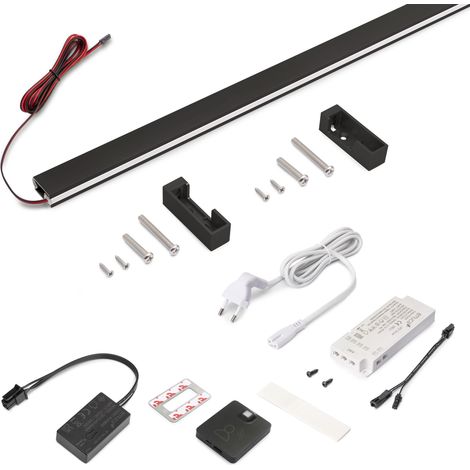 Emuca Kit barra per armadio Luxe, striscia LED 4,5x8 Neonlynx V, sensore di movimento RF Smart e convertitore Smart (24V DC), lunghezza 900mm, Luce Bianco calda 2.700K, Tecnoplastica e Alluminio, Nero